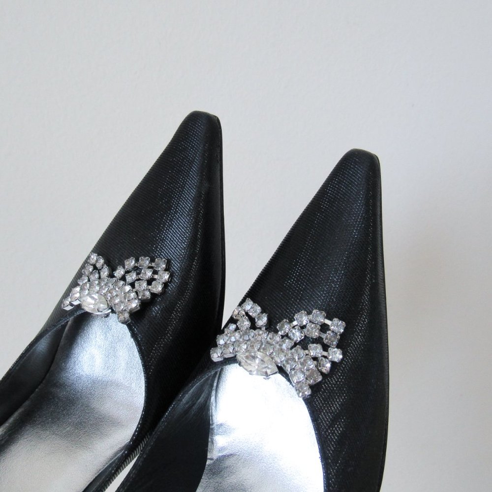 STUART WEITZMEN Classic Black Pointed Toe Pumps Crystal Charm Fringe Heels - Picture 8 of 15